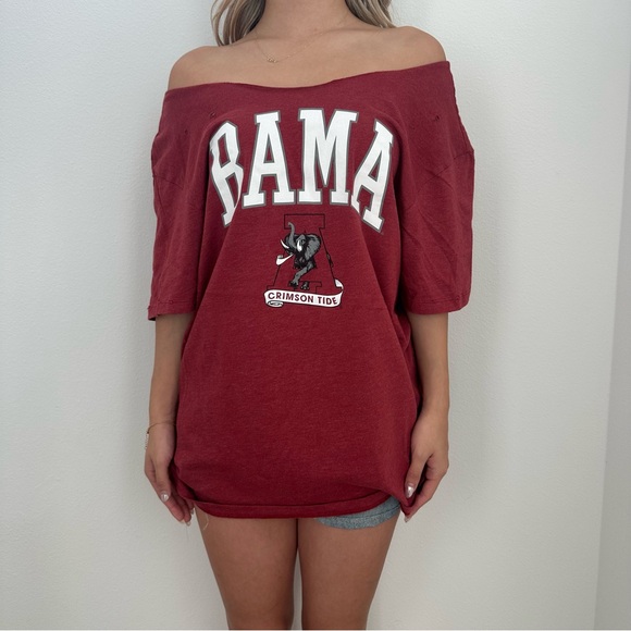 Bama Alabama Crimson Tide Destroyed off the shoulder T-Shirt - Picture 2 of 13